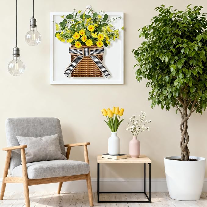 Spring Hanger Basket Wreath for Front Door 15" Yellow Daisy Basket Artificial - Image 4