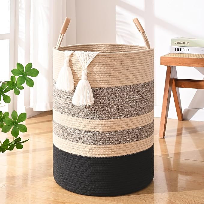 60L Striped Laundry Basket, Woven Cotton Rope Storage Bin by Degeyoyo