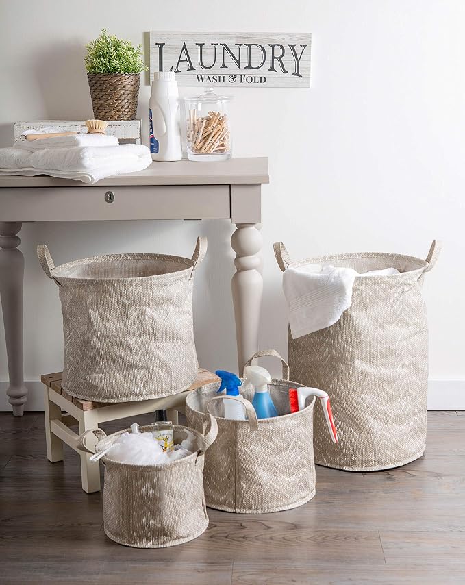 DII Collapsible Waterproof Chevron Laundry, Small Round, Stone/Cream, 2 Piece - Image 8