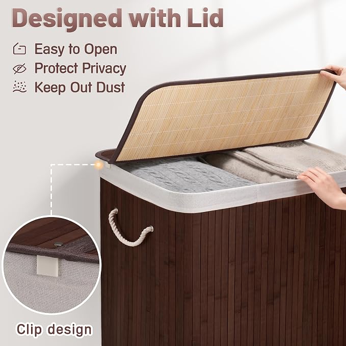 100L Laundry Hamper with lid, 2-Section Clothes Laundry Basket with Handles - Image 7