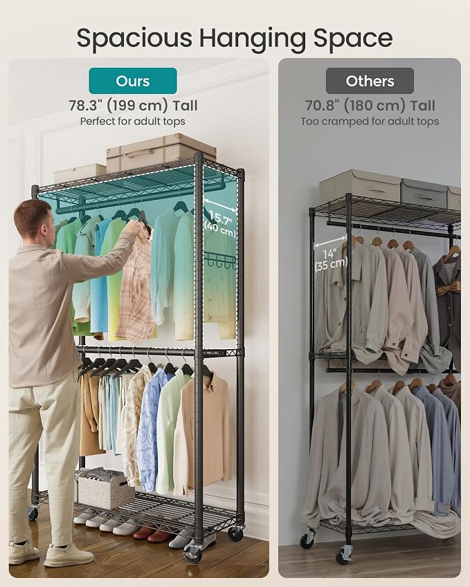 SONGMICS Heavy-Duty Rolling Clothes Rack, Garment Rack, Portable Closet on - Image 3