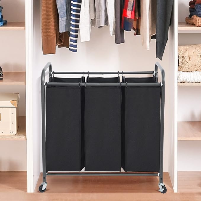 STO STO Laundry Sorter 3 Section, 3 Bag Clothes Hamper, Rolling Laundry Cart - Image 3