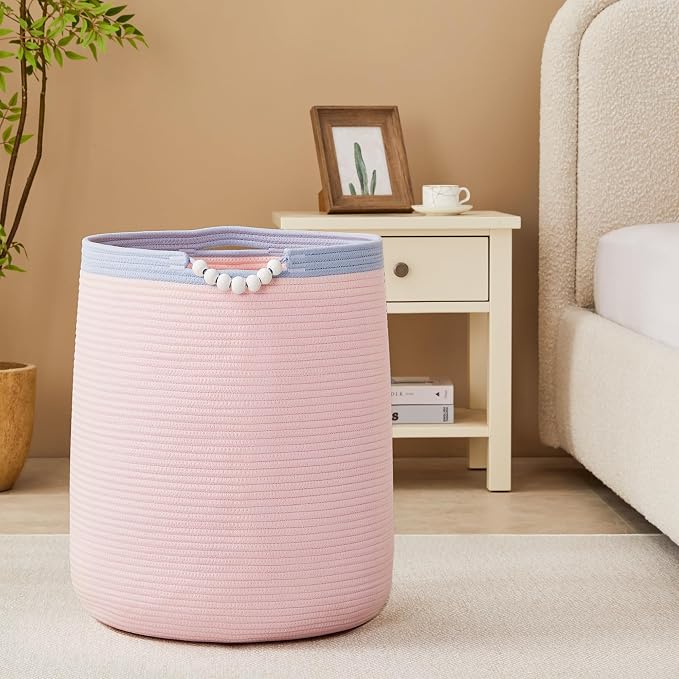 90L Large Pink Woven Rope Laundry Hamper Basket - Image 5