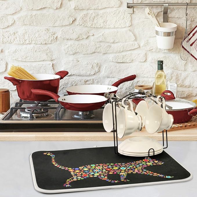 Trendy Flower Cat Absorbent Dish Drying Mat Microfiber Kitchen Countertop Table - Image 2