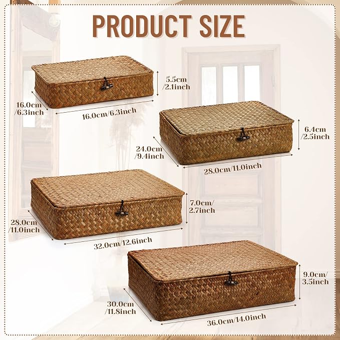 Set of 4 Seagrass Basket with Lid Wicker Storage Basket Decorative Storage - Image 2