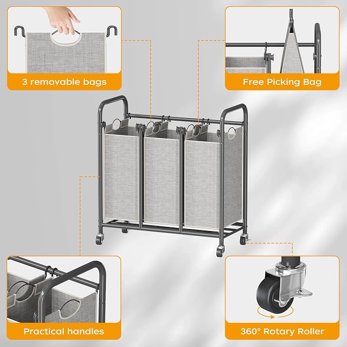 HOMEIJU 3-Bag Laundry Sorter, Laundry Hamper Cart - Image 7