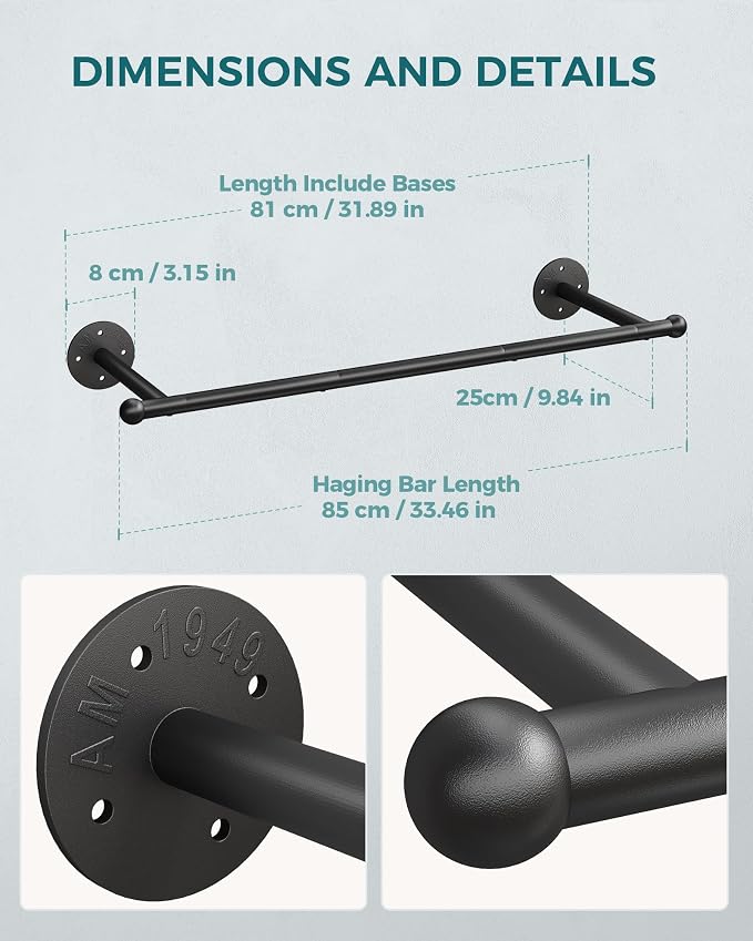 OROPY Industrial Pipe Clothing Rack, Wall Mounted Clothes Rack, Closet Rods - Image 3