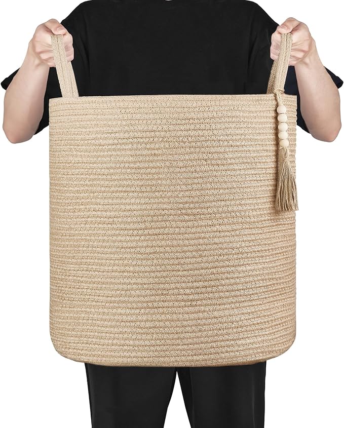 Mkono Tall Wicker Laundry Basket Woven Storage Basket Decorative Natural Rope - Image 5