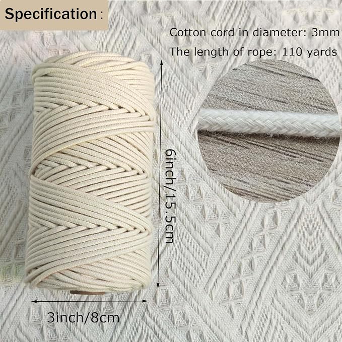 ROPEMATE 110Yards Macrame Cord 3mm 100% Cotton Braided Cord Double Structure - Image 7