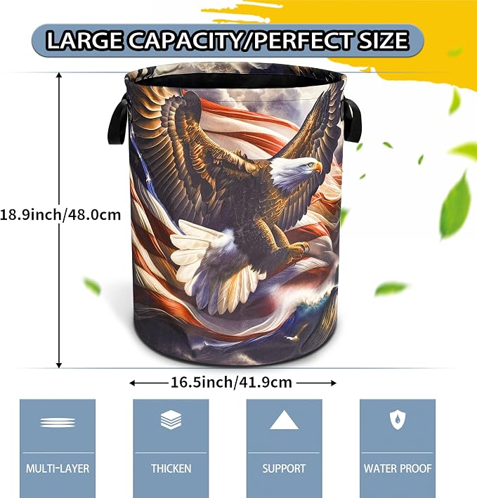 American Flag Bald Eagle Laundry Basket Foldable Oxford Cloth Funny Tote Bag - Image 2