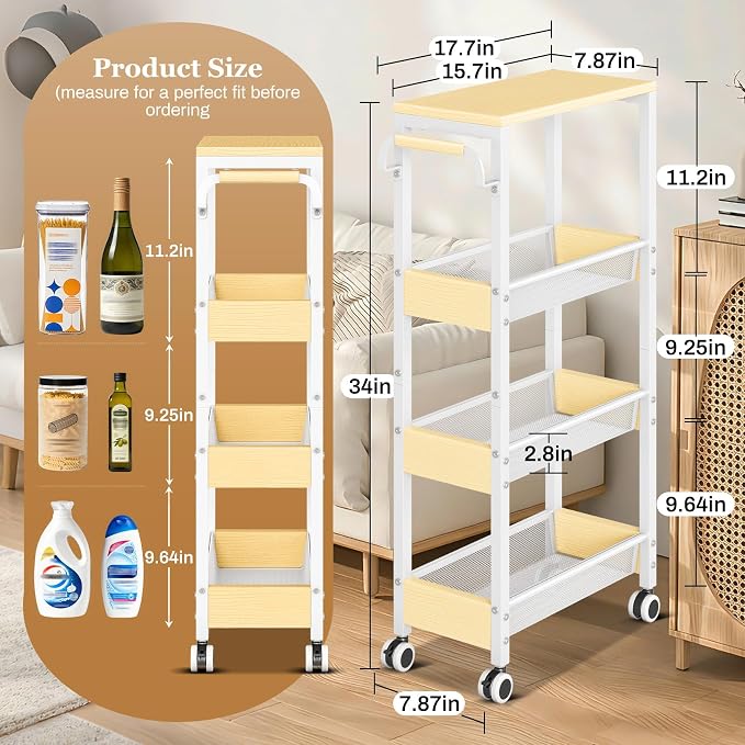 Utility 4 Tier Rolling Cart for Small Spaces, Slim Storage Cart - Image 2