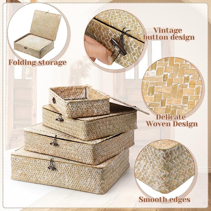 Set of 4 Seagrass Basket with Lid Wicker Storage Basket Decorative Storage - Image 3