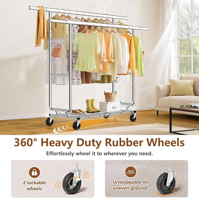 Hoctieon 2-Minute Assembly Double Rod Clothes Rack, Heavy Duty Rolling Clothing - Image 6