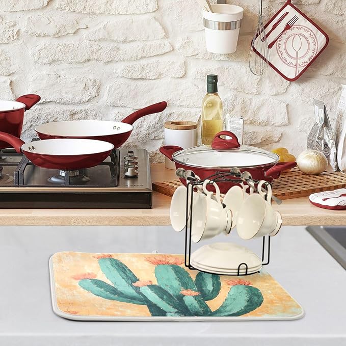 Luxuriant Kitchen Countertop Dish Drying Mat, Exotic Boho Blooming Cactus - Image 2