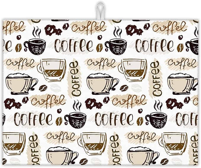 Coffee Dish Drying Mat for Kitchen Counter Decor, Cute Doodle Dish Drying Rack by UIUPRO