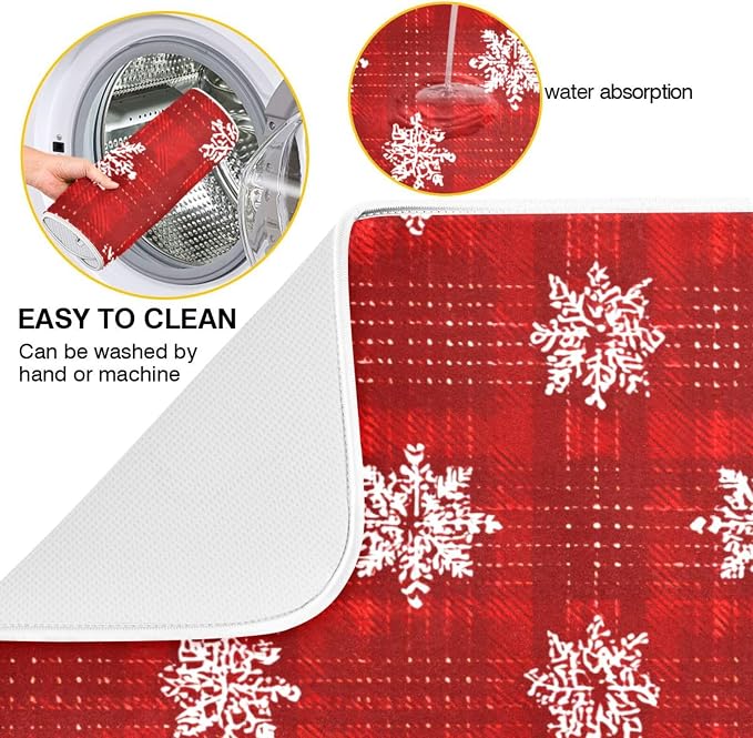 White Snowflake Pattern on Red Dish Drying Mat Super Absorbent Drying Mat 16x18 - Image 2