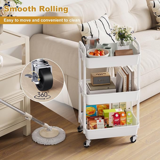 3 Tier Rolling Cart with Wheels, Small Utility Storage Organzier Carts - Image 3