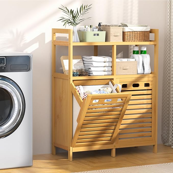 VASMIA Tilt Out Laundry Hamper Cabinet, Bamboo Double Laundry Hamper - Image 4
