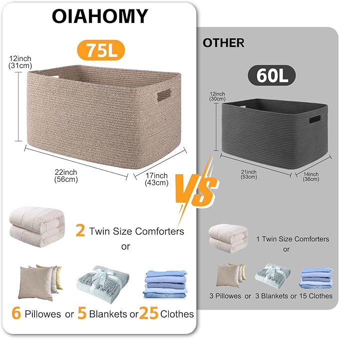 OIAHOMY 75L Large Woven Cotton Rope Storage Basket - Image 3