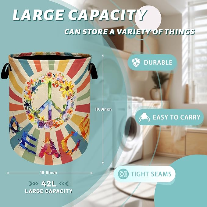 Retro Colorful Hippie Peace Laundry Basket Foldable - Image 2
