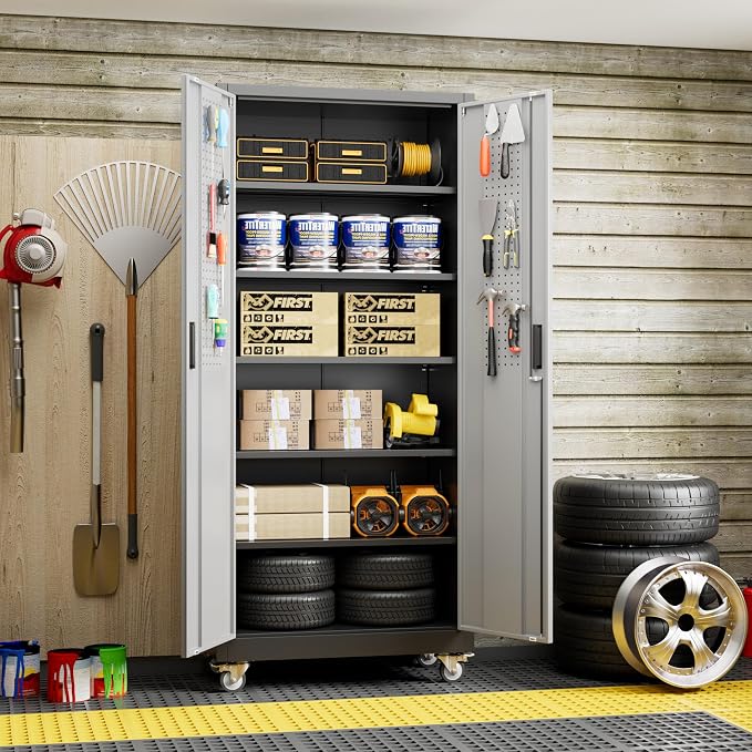 Garage Storage Cabinet with Wheels and Pegboard, Assembly Required - Image 2