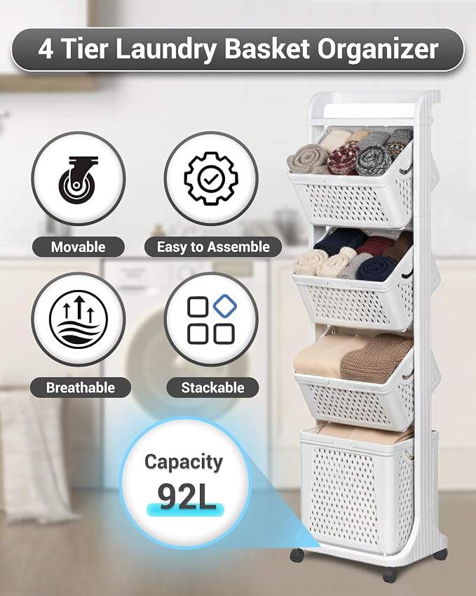 4 Tier Laundry Basket Organizer, 92L Vertical Laundry Hamper, Removable Rolling - Image 2