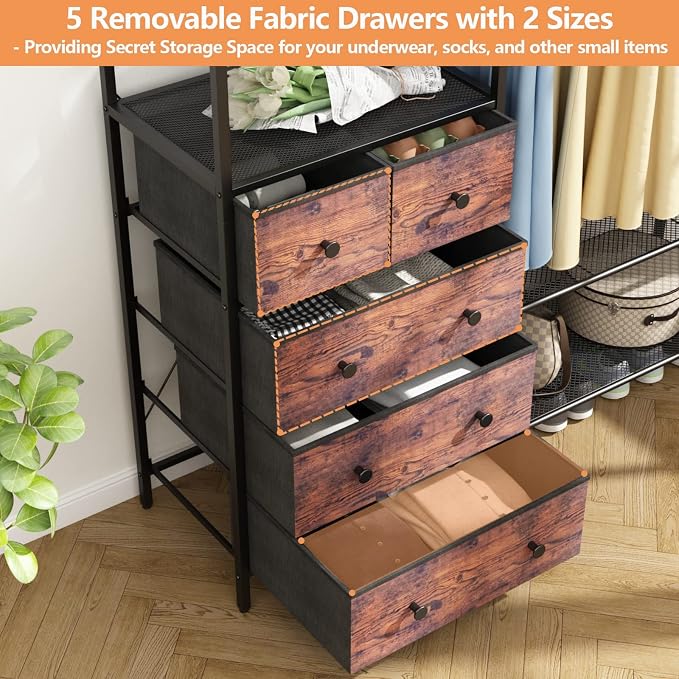 Auromie Clothes Rack with 5 Drawers & 4 Storage Shelves, 59.1W*70.9H Heavy Duty - Image 5