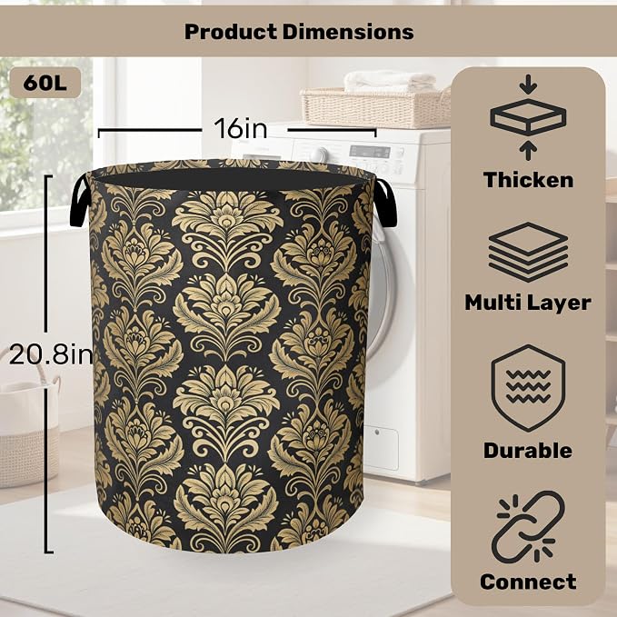 Gold Black Damask Flowers Laundry Basket - Image 2