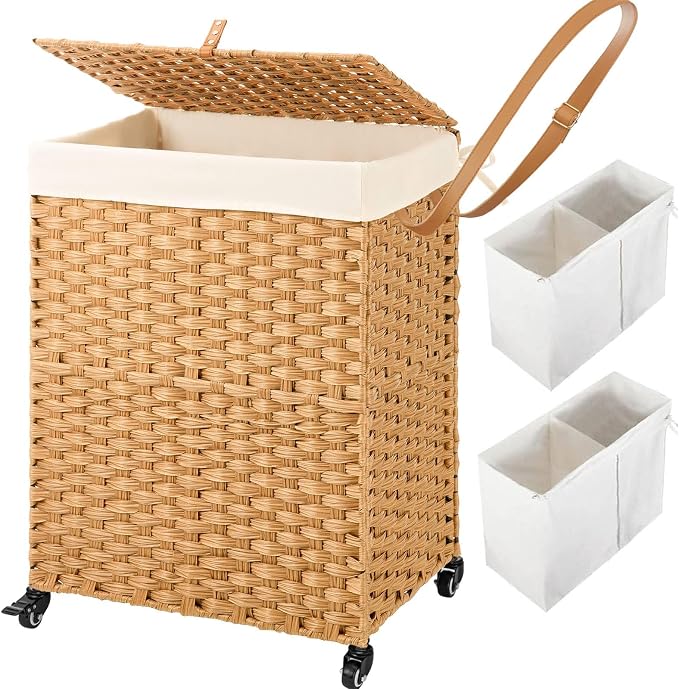 Greenstell Laundry Hamper with Wheels, No Install Needed, 90L Divided Handwoven by Greenstell