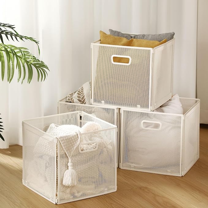 4 Pcs Easter Foldable Metal Cube Storage Baskets 13" x 13" White Kitchen Wire - Image 5