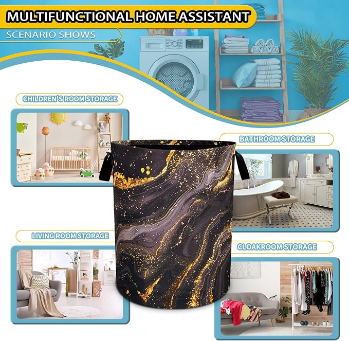 Black Gold Marble Laundry Basket Beautiful Pattern Foldable Oxford Cloth Funny - Image 6