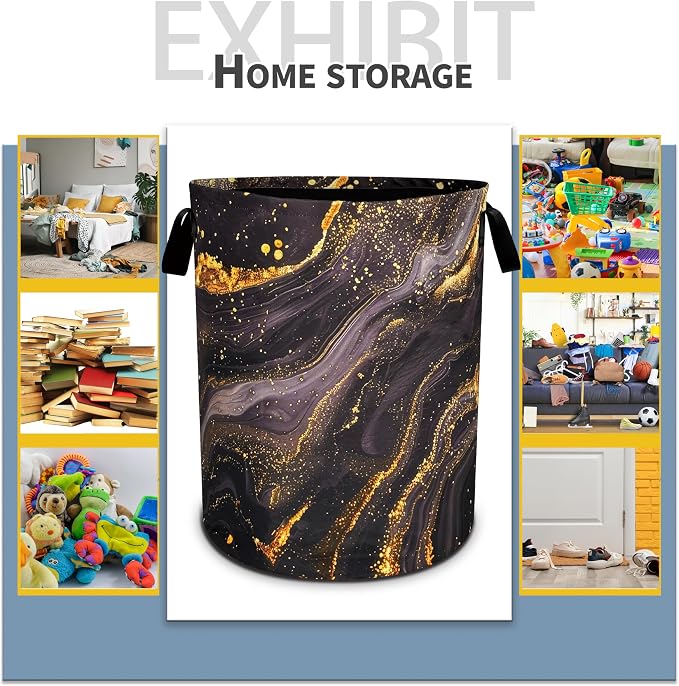 Black Gold Marble Laundry Basket Beautiful Pattern Foldable Oxford Cloth Funny - Image 5