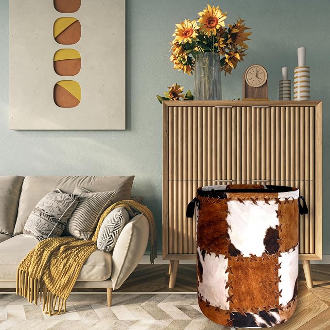 Retro Cows Print Laundry Basket Cow Cowhide Brown Funny Laundry Hamper Foldable - Image 7