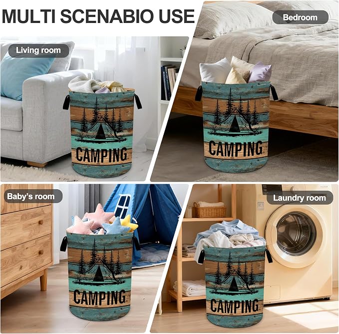 Wood Print Camping Laundry Basket Storage Bin Foldable Laundry Hamper Clothes - Image 6