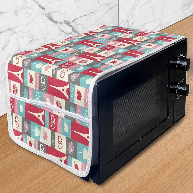 Ambesonne Paris Microwave Oven Cover, Coffee and Love Eiffel Tower in Squared by Ambesonne