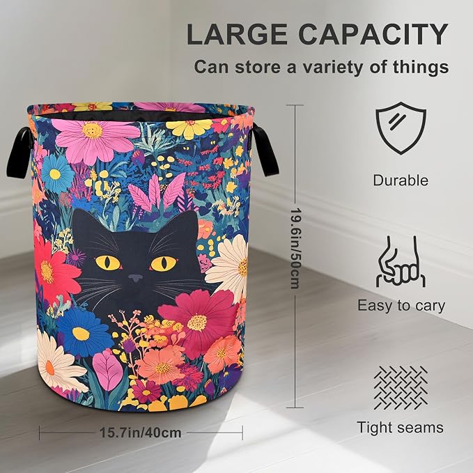 Black Cat Floral Laundry Basket Foldable Oxford Cloth Tote Bag Laundry Hamper - Image 3