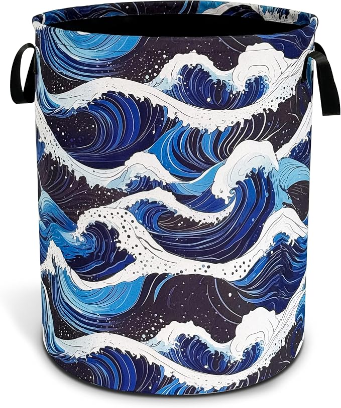 Ocean Wave Laundry Basket Sea Waves Foldable Oxford Cloth Funny Tote Bag by NUTAINLA