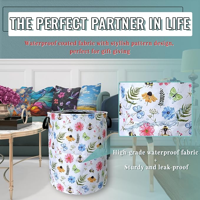 Cute Bee Floral Flowers Laundry Basket Foldable - Image 5