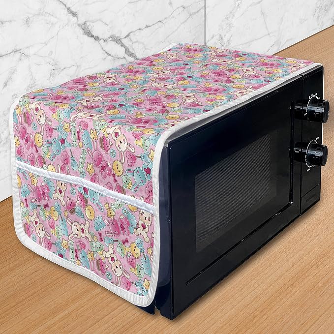 Ambesonne Cartoon Microwave Oven Cover, Kawaii Bunnies Ice Cream and Candies by Ambesonne