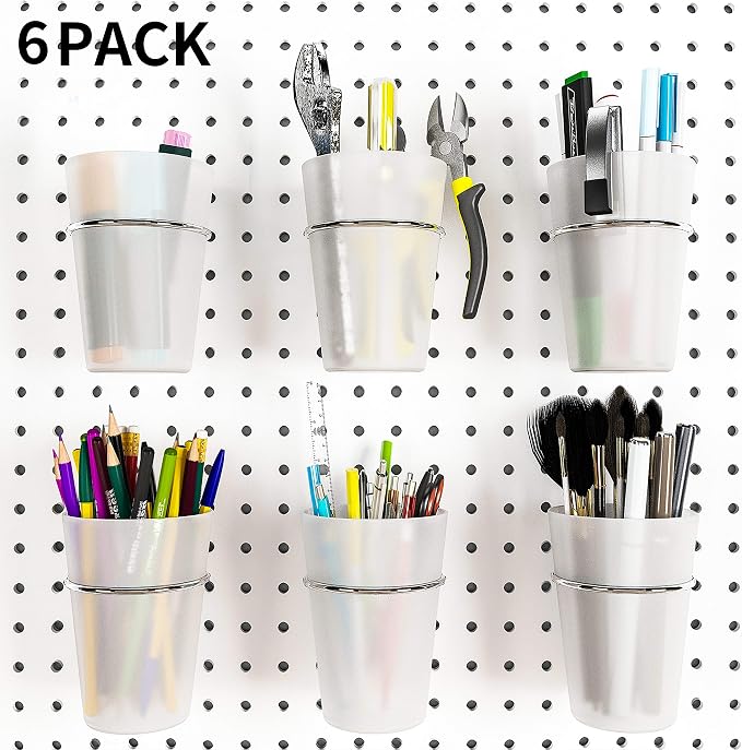 6 Set Pegboard Hooks with Cups, Ring Style Bins with Rings, Pegboard Cup Holder by Kuhome