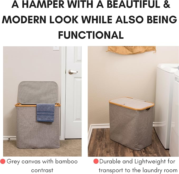 BirdRock Home Bamboo & Canvas Hamper | Single Laundry Basket - Image 2