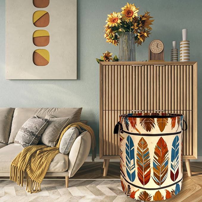 Boho Feather Print Laundry Basket Western Funny Laundry Hamper Foldable Oxford - Image 4
