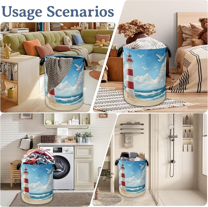 Lighthouse On The Beach Laundry Basket, Foldable Oxford Cloth Laundry Hamper - Image 7