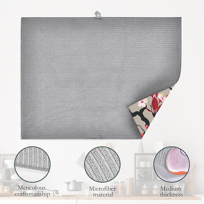 Red Cardinal Bird Dish Drying Mat, Cherry Blossom Drying Rack Pad Countertop - Image 4