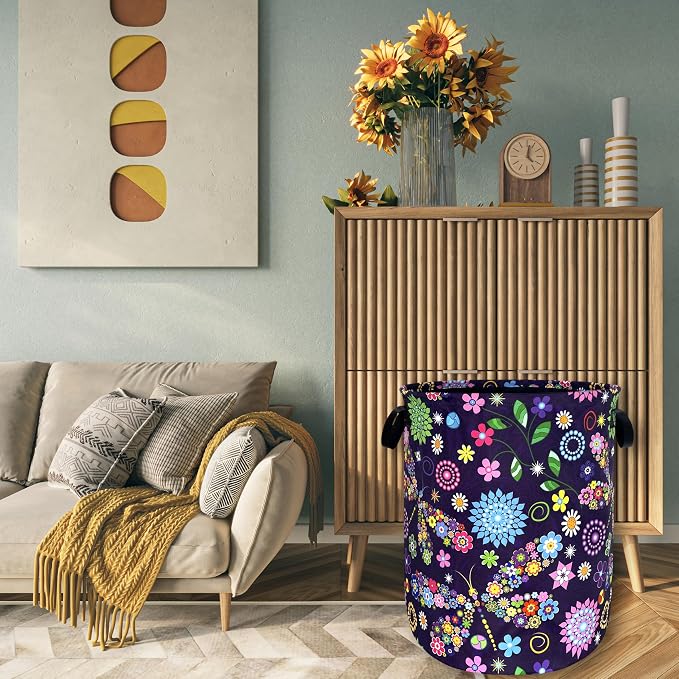 Colorful Hippie Flowers Dargonfly Laundry Basket Foldable Oxford Cloth Laundry - Image 7