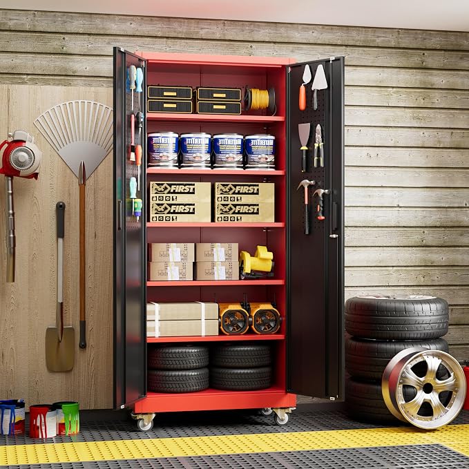 Garage Storage Cabinet with Wheels and Pegboard, Assembly Required - Image 2