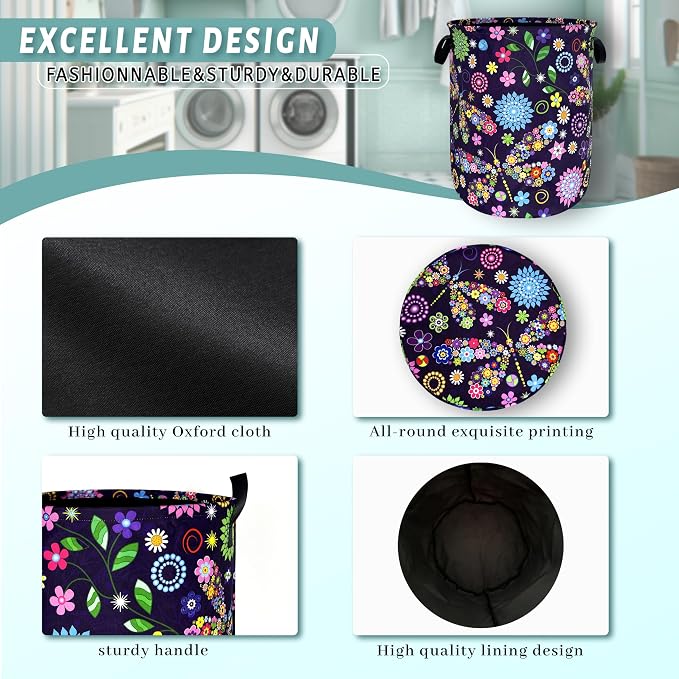 Colorful Hippie Flowers Dargonfly Laundry Basket Foldable Oxford Cloth Laundry - Image 4