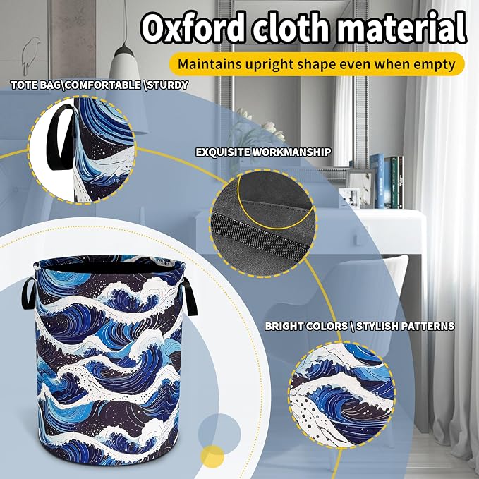 Ocean Wave Laundry Basket Sea Waves Foldable Oxford Cloth Funny Tote Bag - Image 3