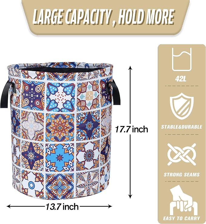 Mexican Tiles Pattern Laundry Basket Mandala Flowers Foldable Oxford Cloth - Image 2
