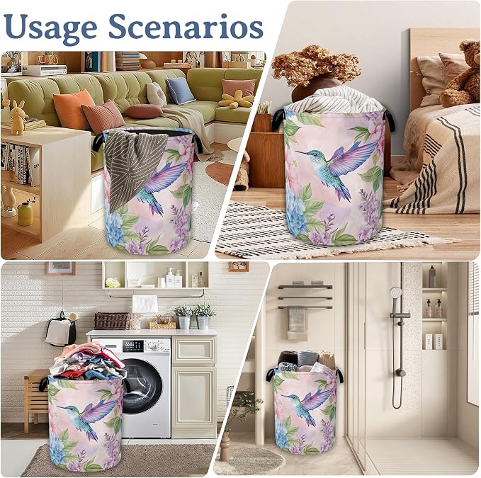 Hummingbird Laundry Basket, Foldable Oxford Cloth Pink Flower Laundry Hamper - Image 7
